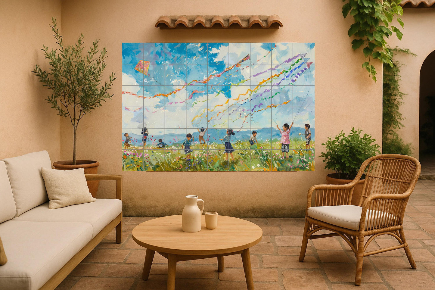 Kodomo no Hi Mural • Japanese Kite Mural Art • Ceramic Panel for Children's Day • Koinobori Sky Decoration • Traditional Spring Tile • Festival Field