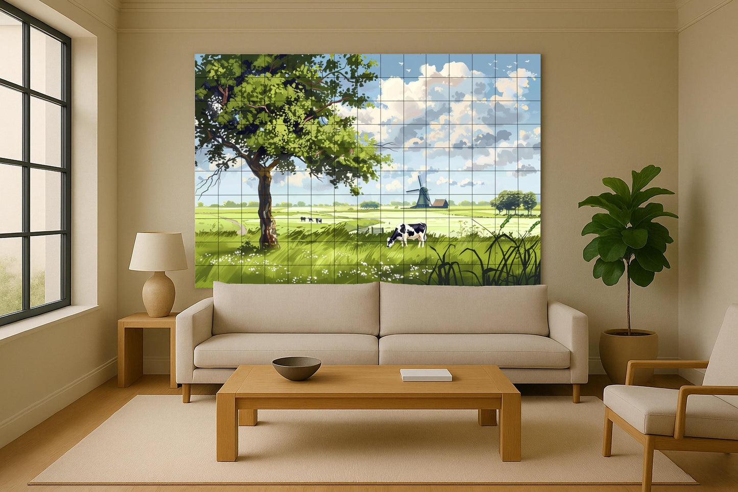 Mural of the Dutch Golden Plains / Pastoral scene of windmill and cow / European rural mural art / Rural tile decoration of the Netherlands