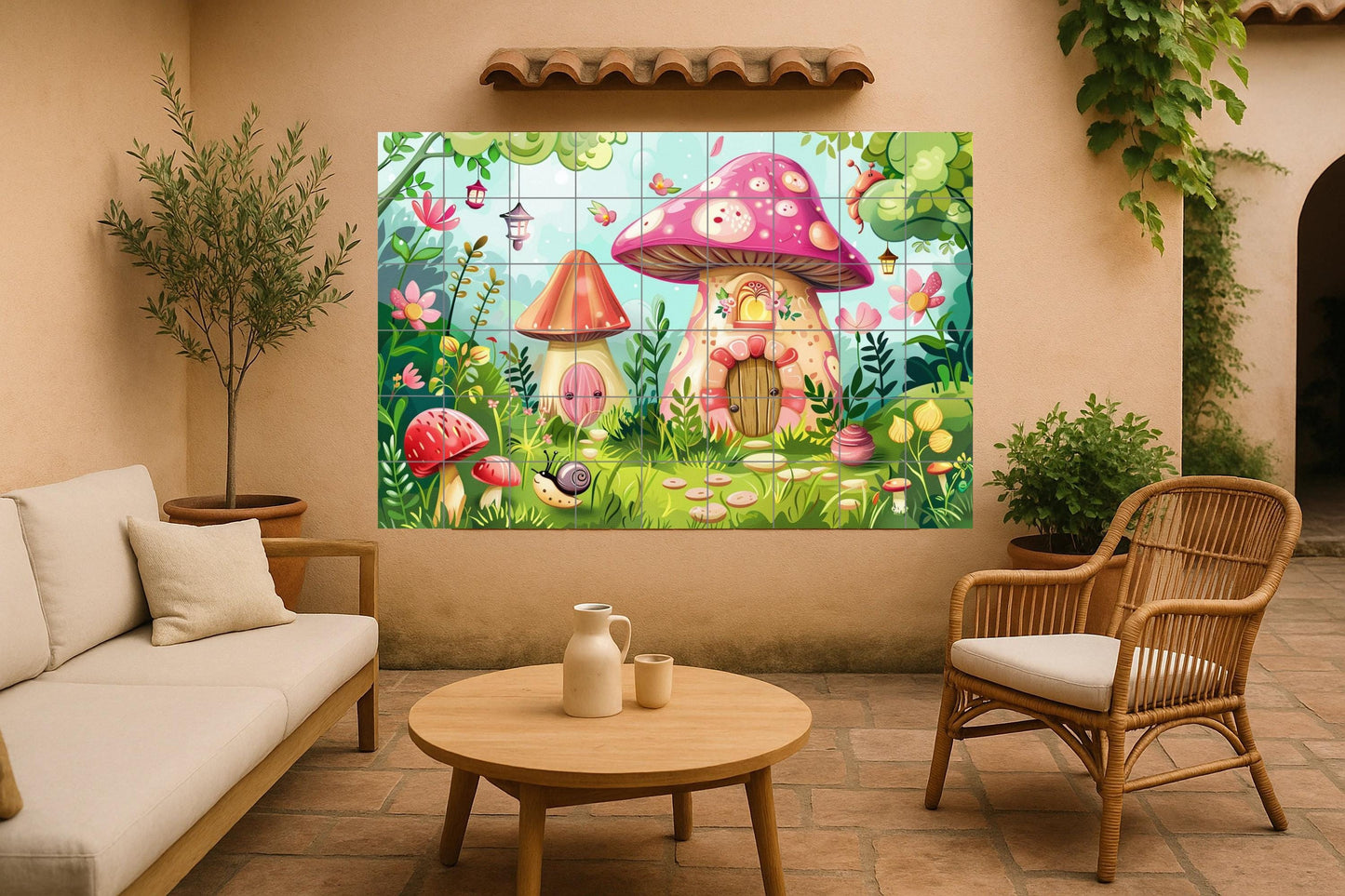 Enchanted Forest Mural • Mushroom Fairy Tile Wall Art • Magical Forest Decor • Quirky Cottage Panel • Fairyland Ceramics • Sparkling Garden Charm