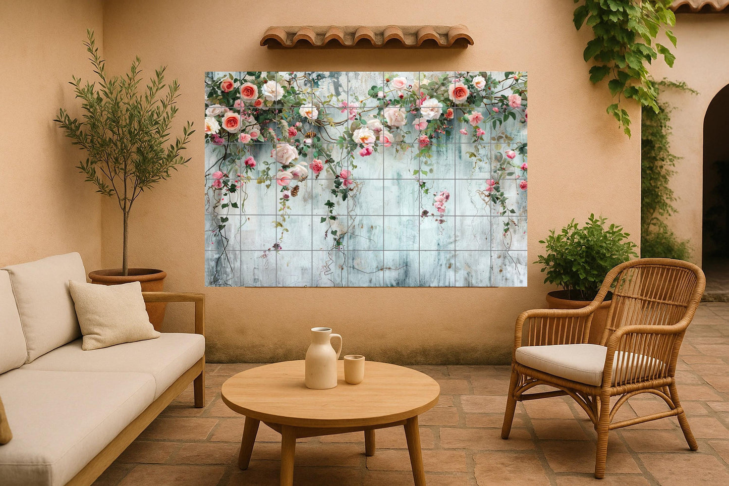 French castle mural • Greenhouse rose tile wall art • Antique flower decor • Vintage plasterboard • Romantic floral ceramics • Loire Garden