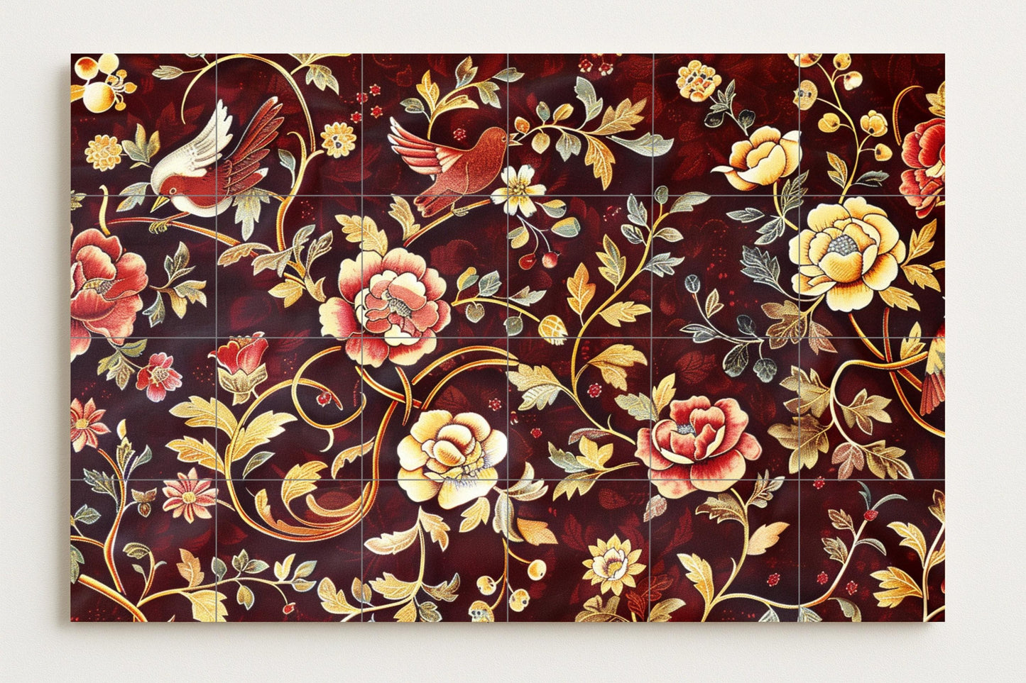 Majolica wall mural • Floral art on dark burgundy tiles with birds inspired by Kashan pottery and Persian embroidered fabrics