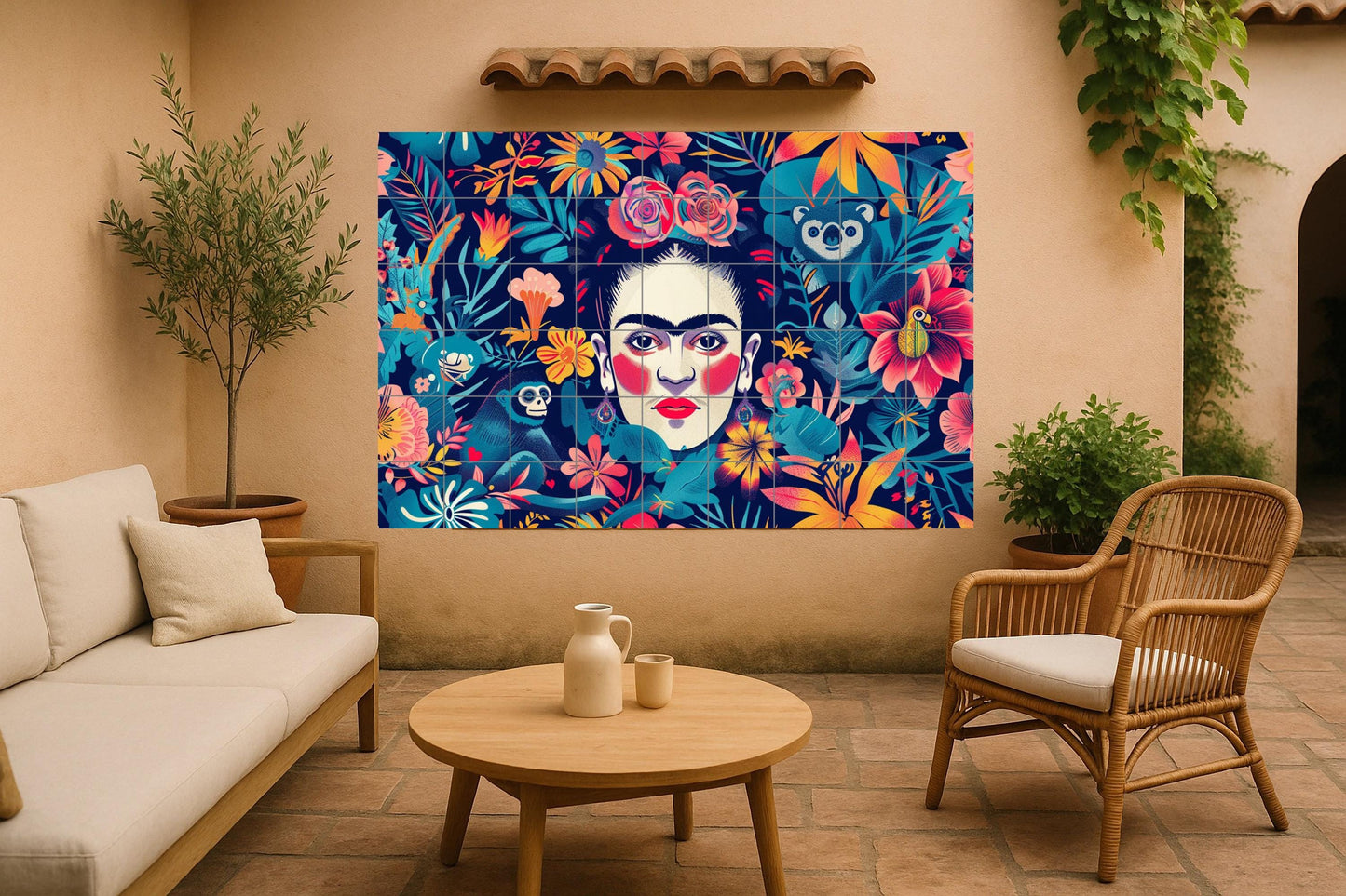 Frida Kahlo Mural • Bold Mexican ceramic tile art featuring monkeys, flowers, and tropical foliage in an Oaxacan color palette