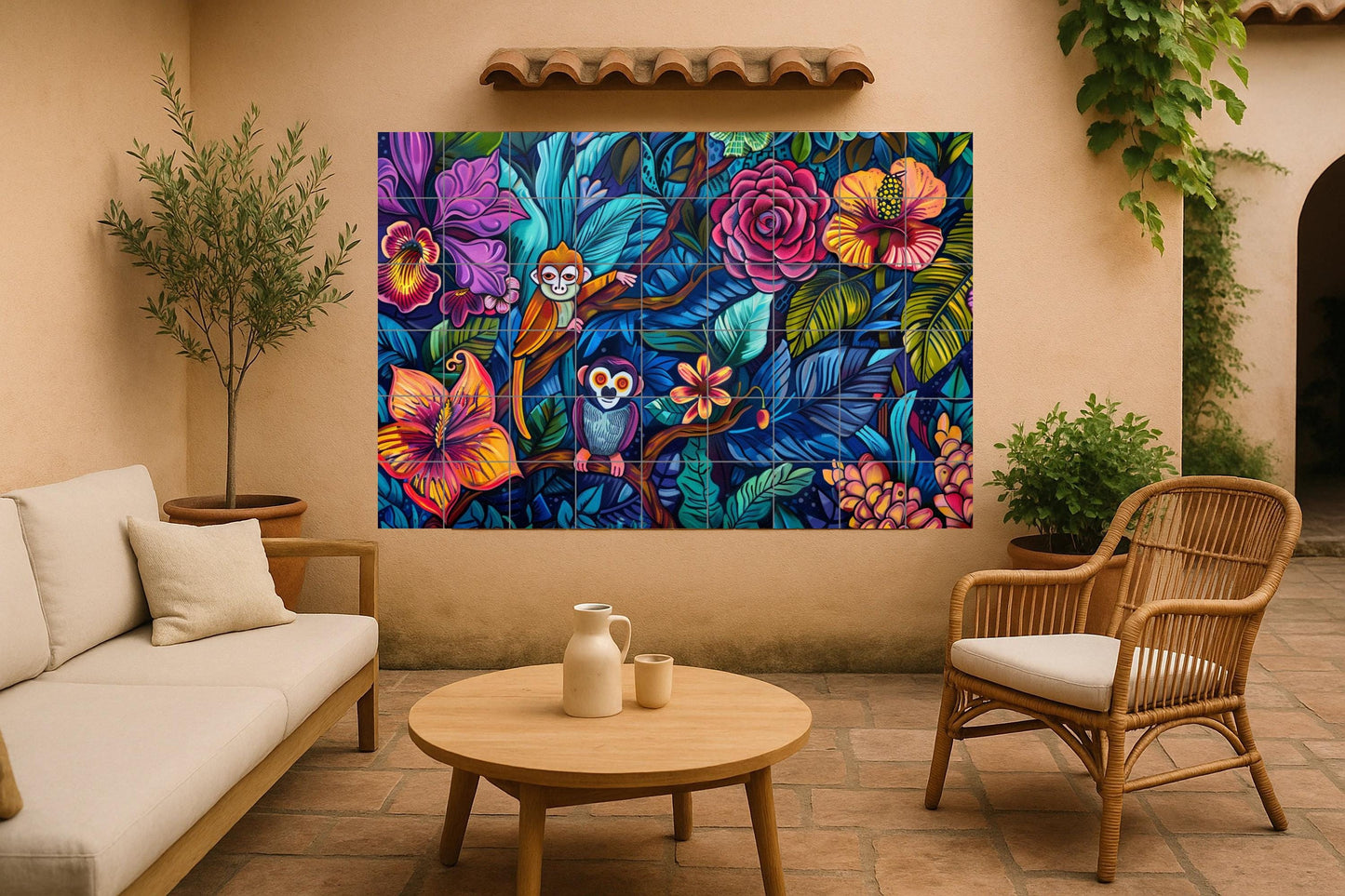 Amazon Rainforest Mural • Vibrant ceramic tile panel featuring monkeys, tropical flowers, and lush rainforest foliage