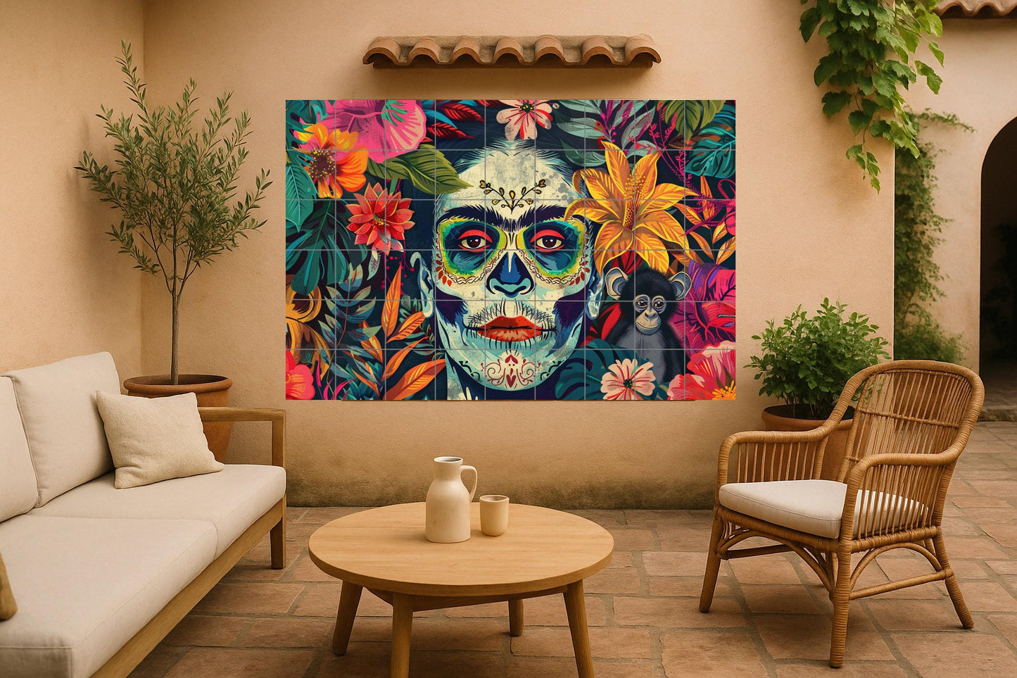 Frida Kahlo's Jungle of Skulls • Mexican-inspired tile mural featuring Day of the Dead motifs, tropical flowers, and a monkey companion