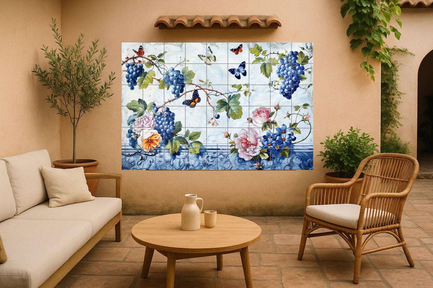 Ceramic mural of butterflies and grapes • Floral tile mural art • Tile panel with classic Lisbon botanical vineyard design