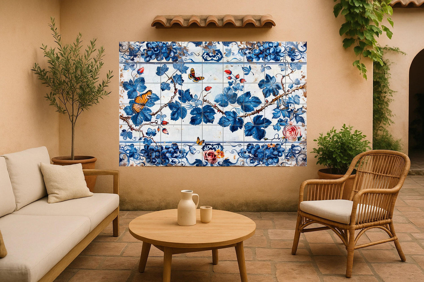 Blue Vine Tile Mural • Portuguese Floral Tile Art • Ceramic Butterfly Wall Panel • Rustic Vineyard Wall Decor