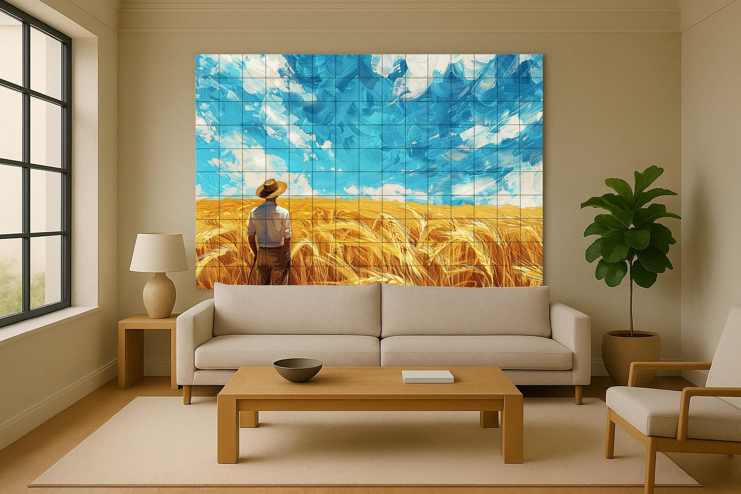 American Wheat Field Tile Mural • Midwestern Farm Skyline Ceramic • Rural Landscape Panel • Prairie Decor with Blue Sky • Rustic Harvest Art