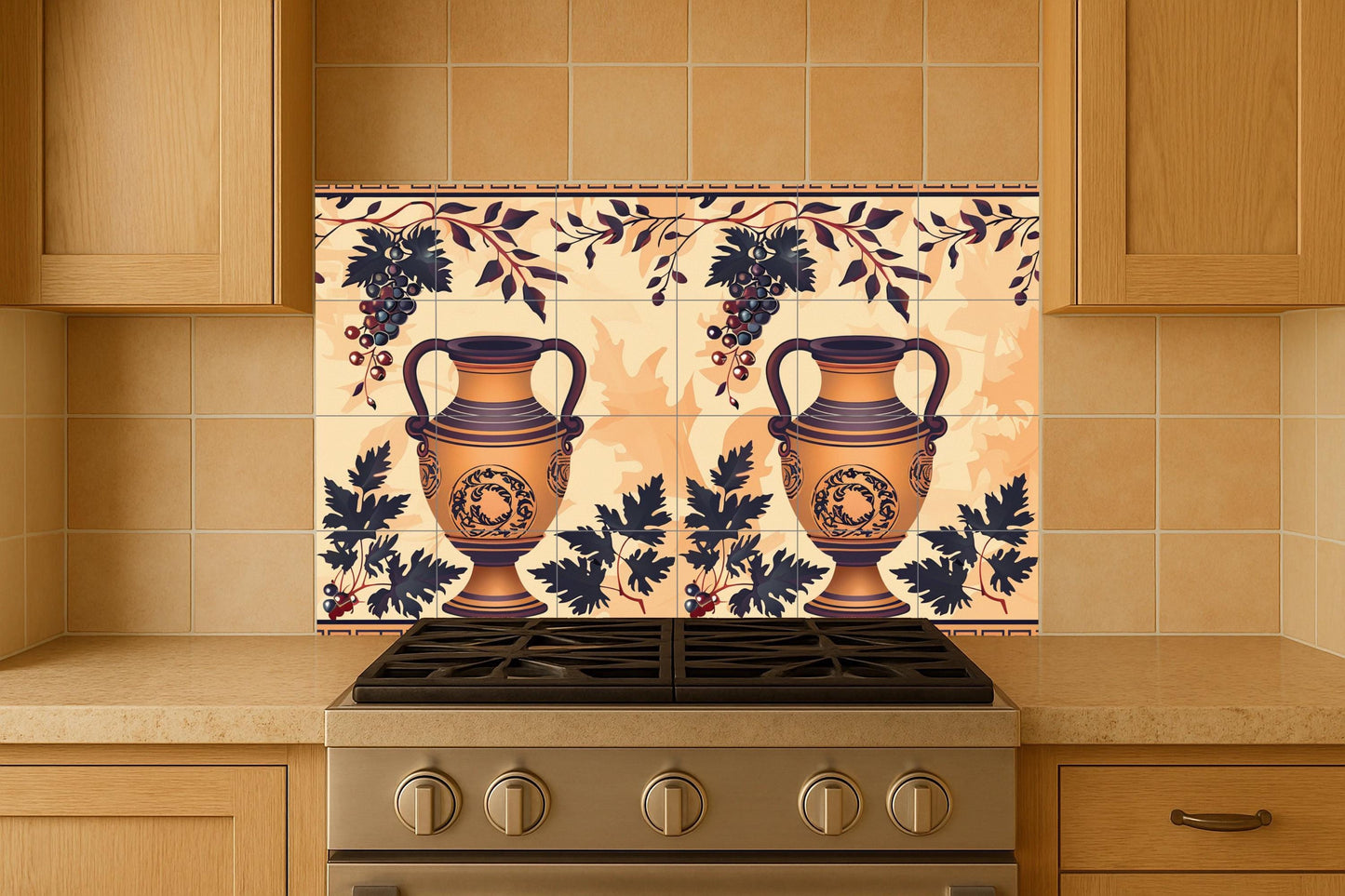 Greek amphora tile mural • Ancient ceramic and vine wall art • Mediterranean ceramic panel with Attic wine motif decoration