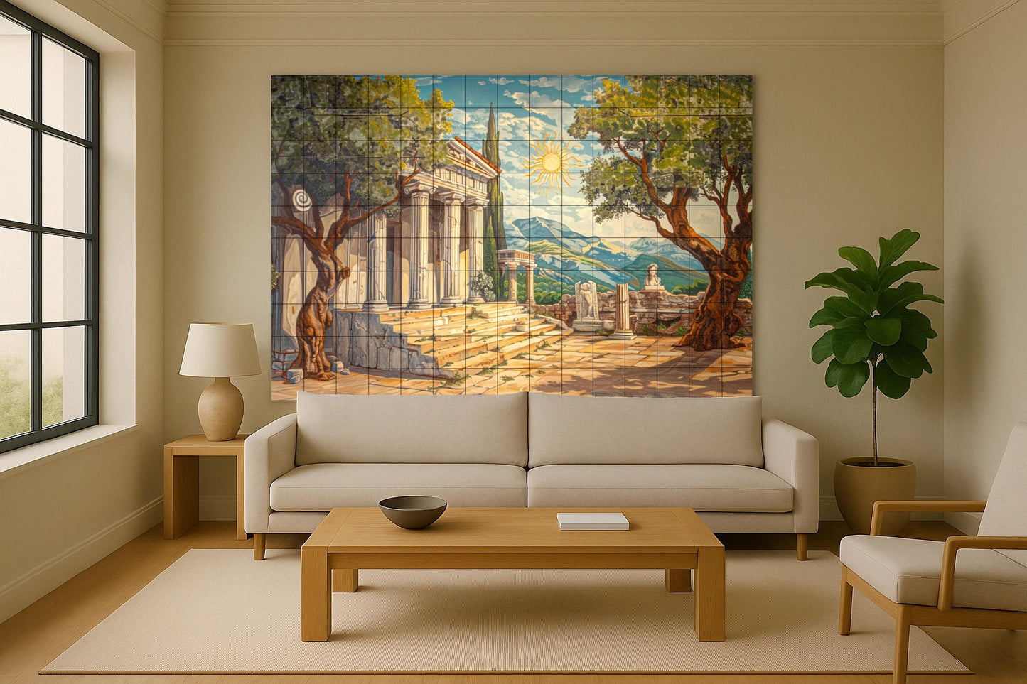 Tile mural of a Greek temple • Ceramic panel of ancient ruins • Classical architectural wall art • Hellenic heritage scene for cultural decoration