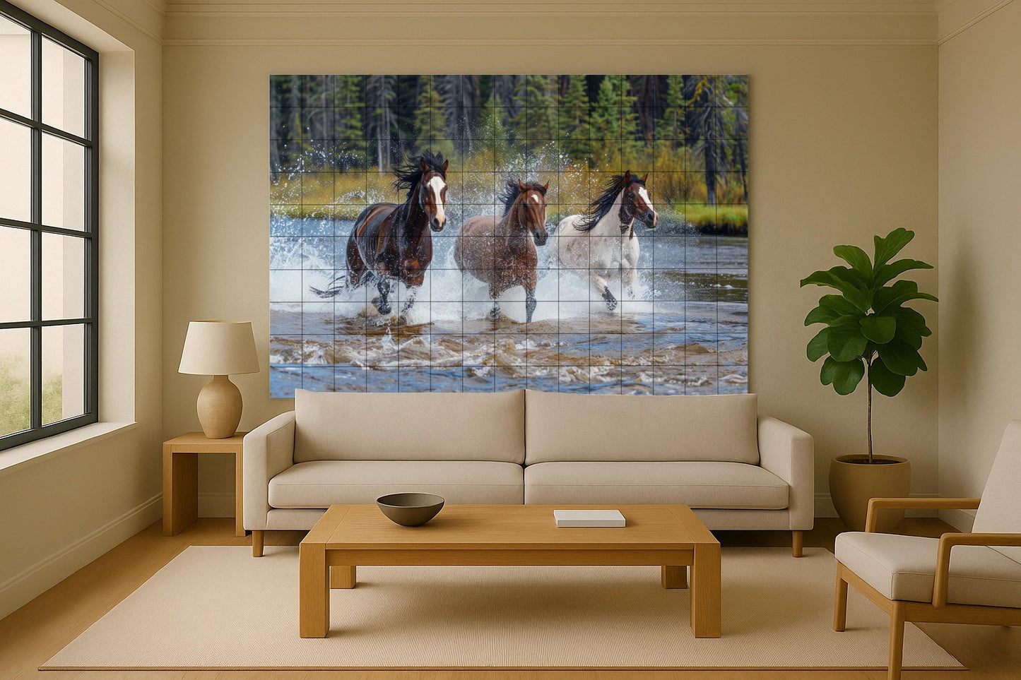 Wild Horse Tile Mural • Western Nature Ceramic Panel • Montana Mustang Wall Art • Rustic River Scene • Equine Freedom Decor