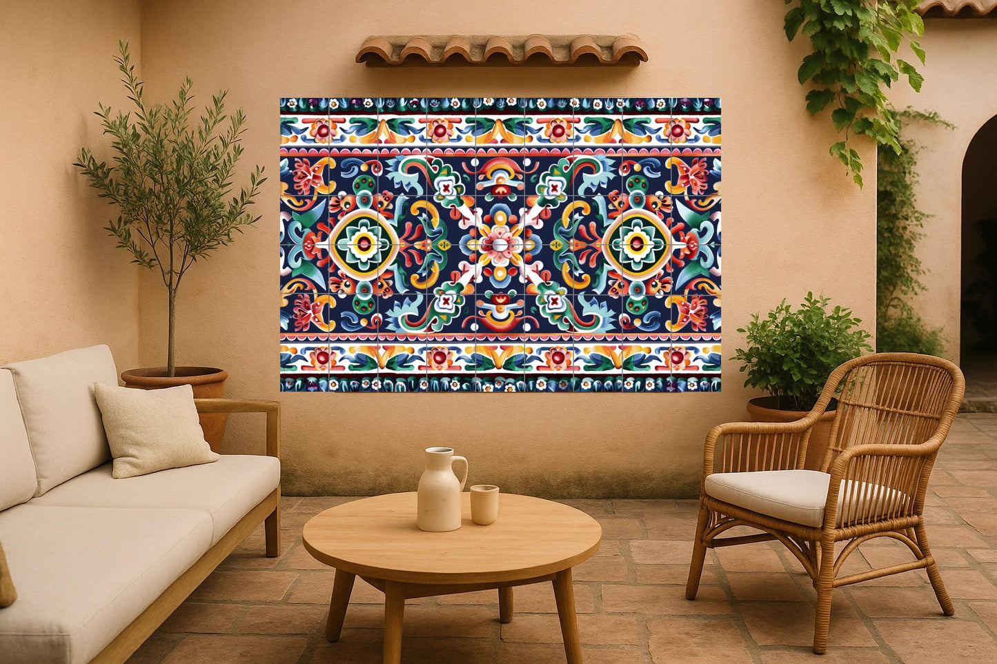 Talavera tile mural • Ceramic panel of Puebla folk art • Mexican kitchen wall decor • Colonial floral print • Vibrant Latin home style