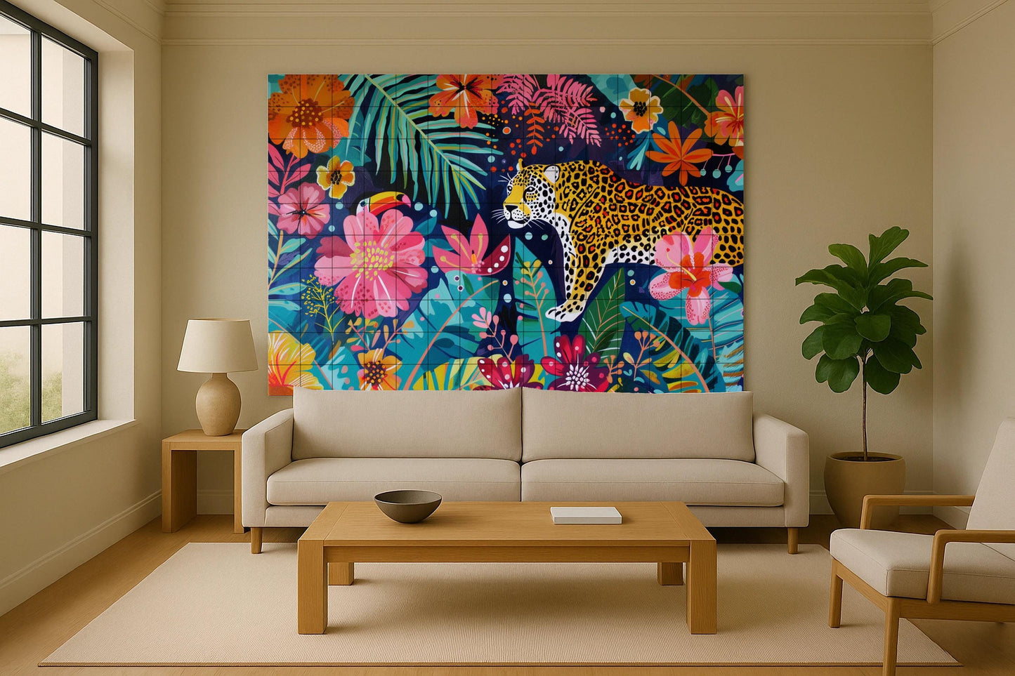Amazon rainforest tile mural • Brazilian jaguar art panel • Rainforest toucan ceramic • Colorful floral wall decor • Latin nature design