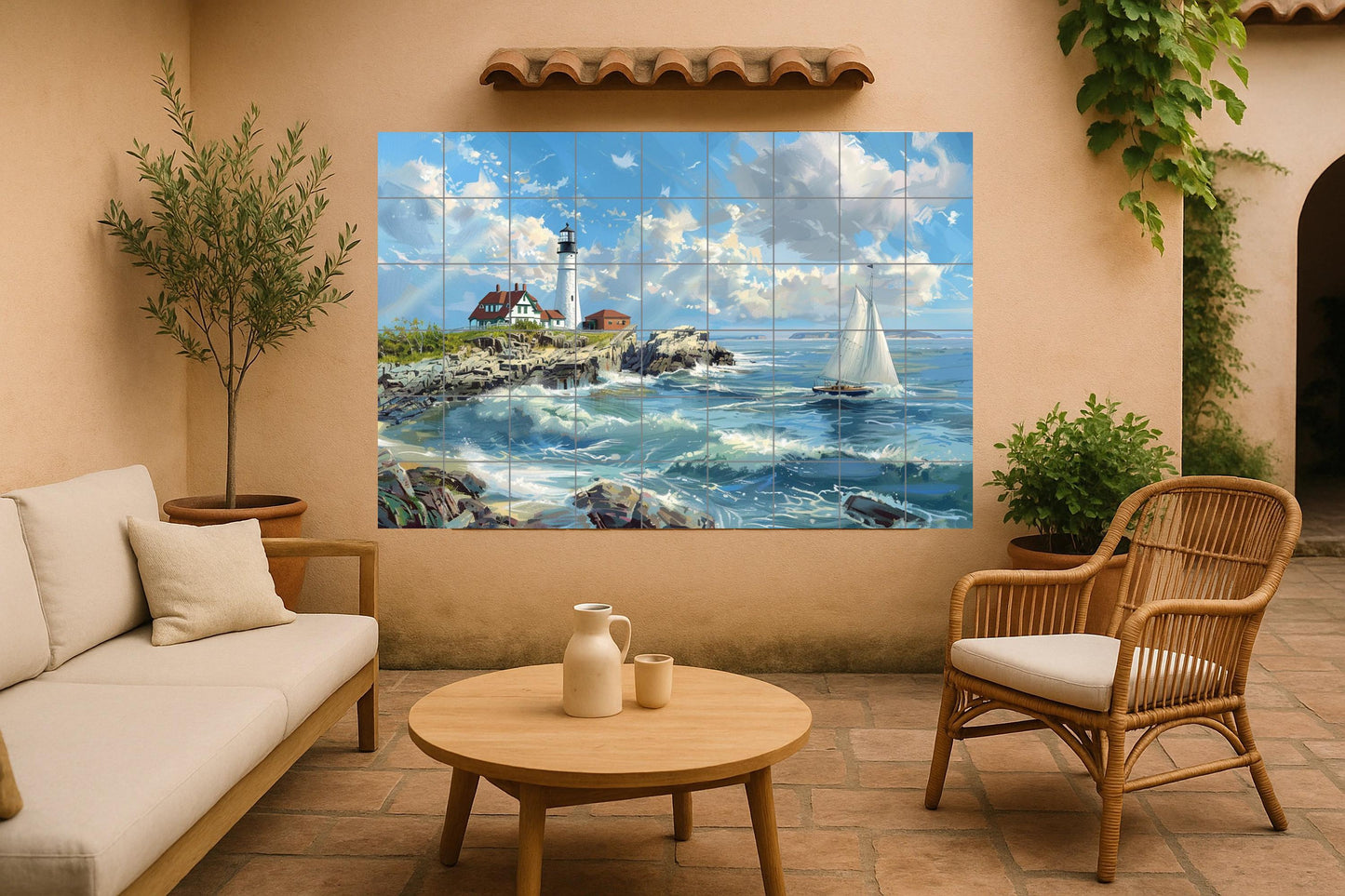 Nautical Lighthouse Tile Mural • Maine Coastal Wall Art • Nautical Seascape Ceramic Panel • New England Maritime Decor