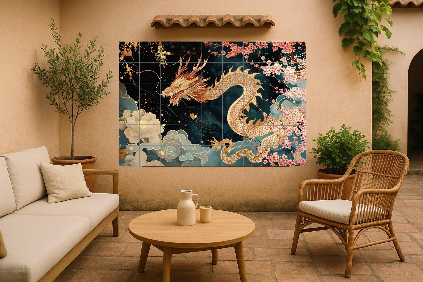Asian Dragon Mural • Kyoto Flower Tile Wall Art • Celestial Guardian Decoration • Imperial Cloud Panel • Hanami Golden Ceramics • Mythical Spring
