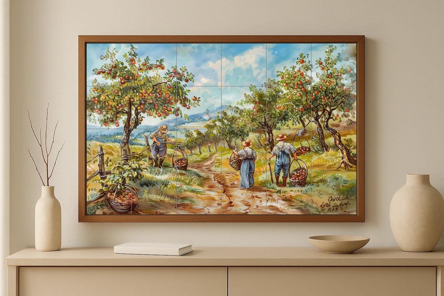 Tyrolean vegetable garden mural • Alpine harvest tile mural art • Trentino countryside decoration • Mountain farming ceramic panel • Austrian valley scene