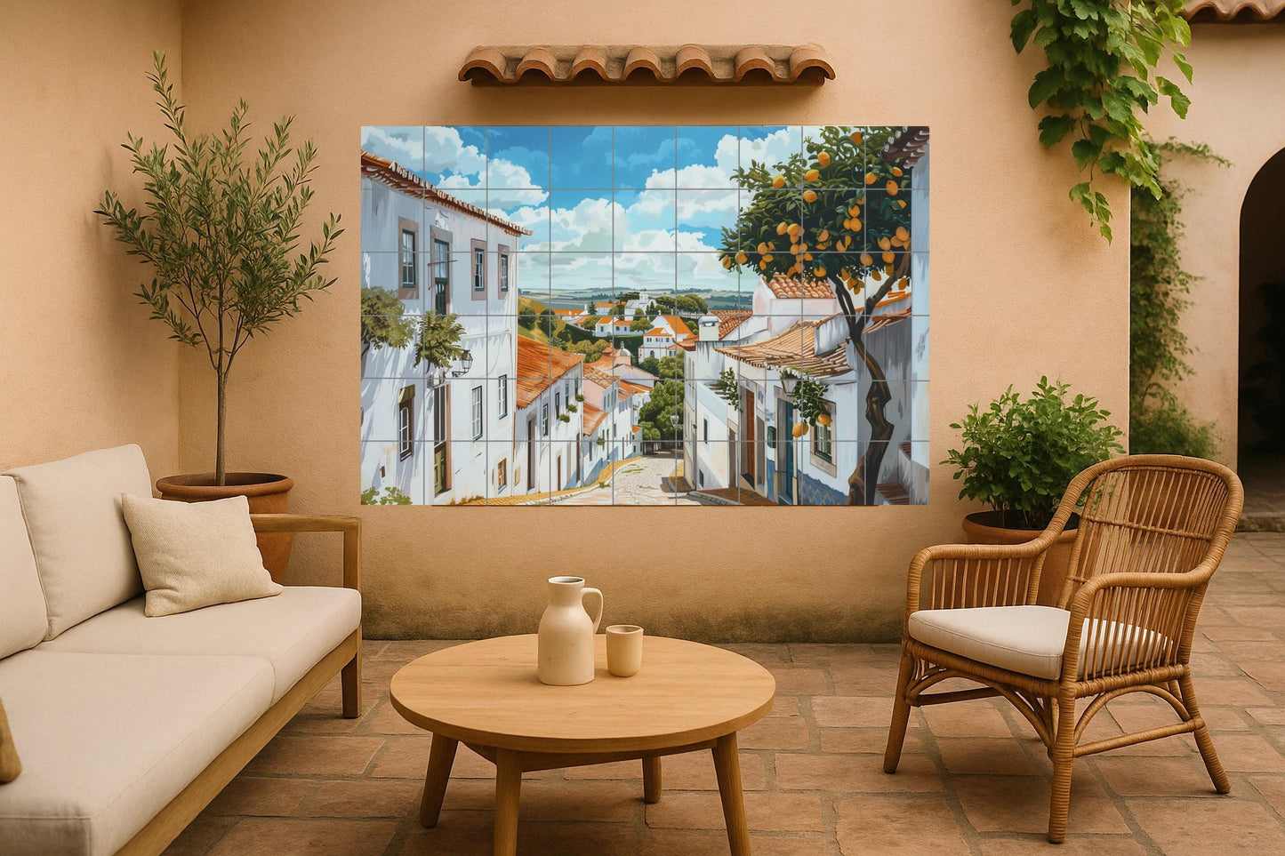 Mural of a Portuguese village • Alentejo tile mural art • Street decoration of Óbidos • Whitewashed ceramic panel • Iberian hillside • Citrus terrace