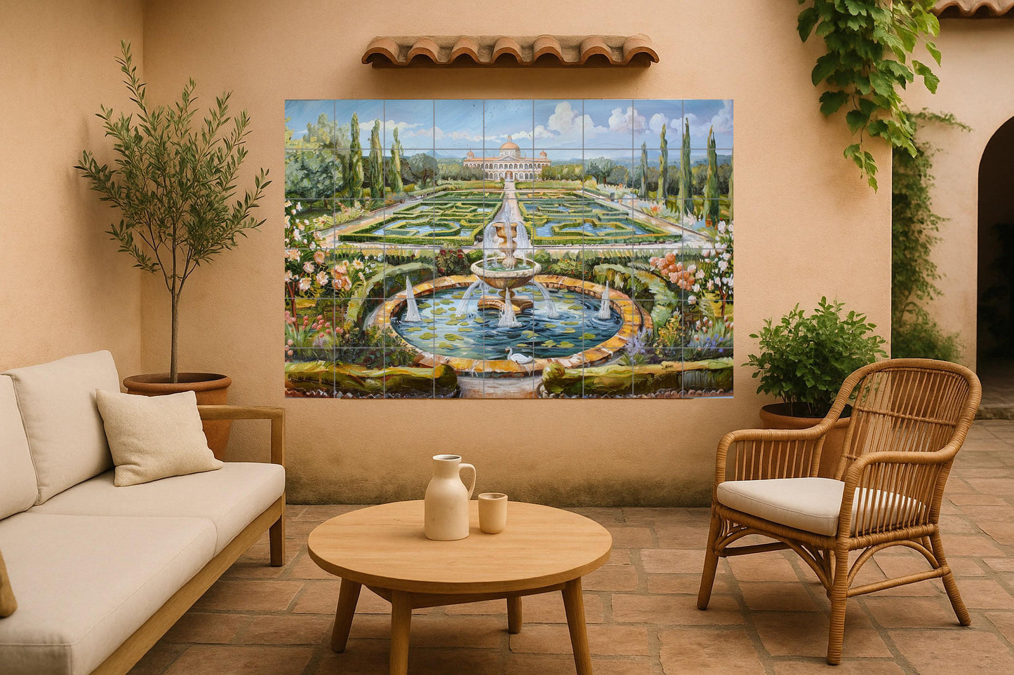 Palace garden tile mural • Classical Baroque courtyard with fountains and hedges • Ceramic mural art with European landscape