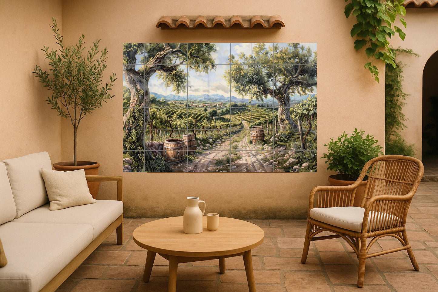 Vineyard Ceramic Mural • Rustic Wine Landscape Tile Wall Art • Mediterranean Country Decor • Wine Barrel Ceramic Panel • Rural Vineyard