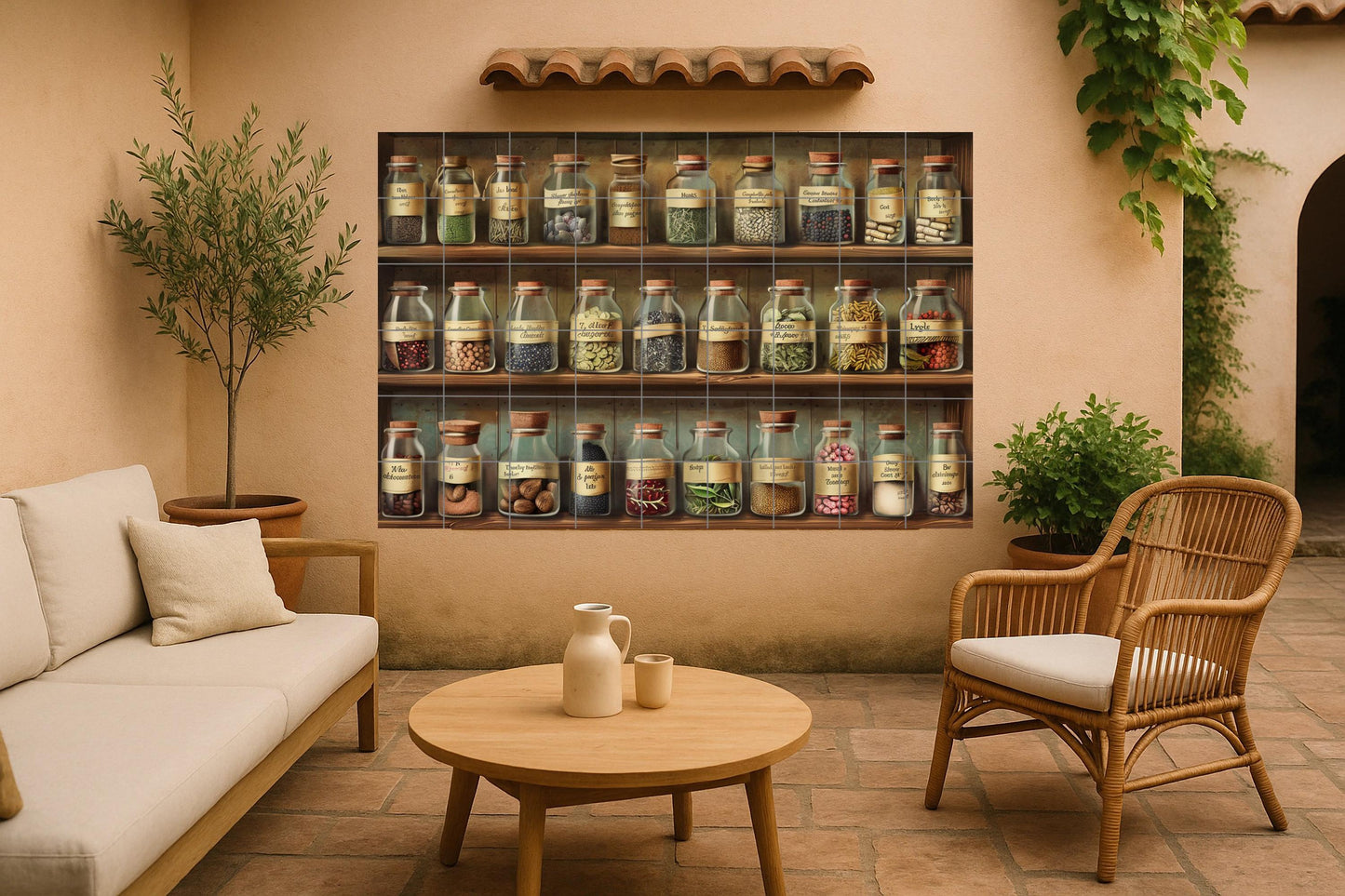 Apothecary Jar Mural • Vintage Spice Tile Wall Art • Ceramic Panel with Herb Rack • Rustic Pantry Decor Scene • Kitchen Remedies Tile Design