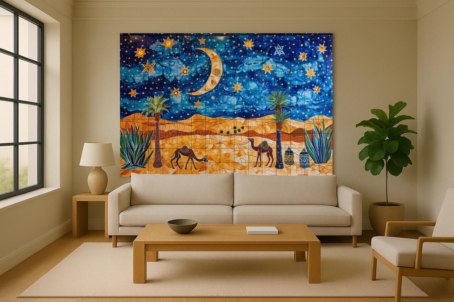 Night mural in the desert • Camel caravan tile mural art • Starry sky mosaic decoration • Moonlit dune ceramic scene • Eastern twilight panel