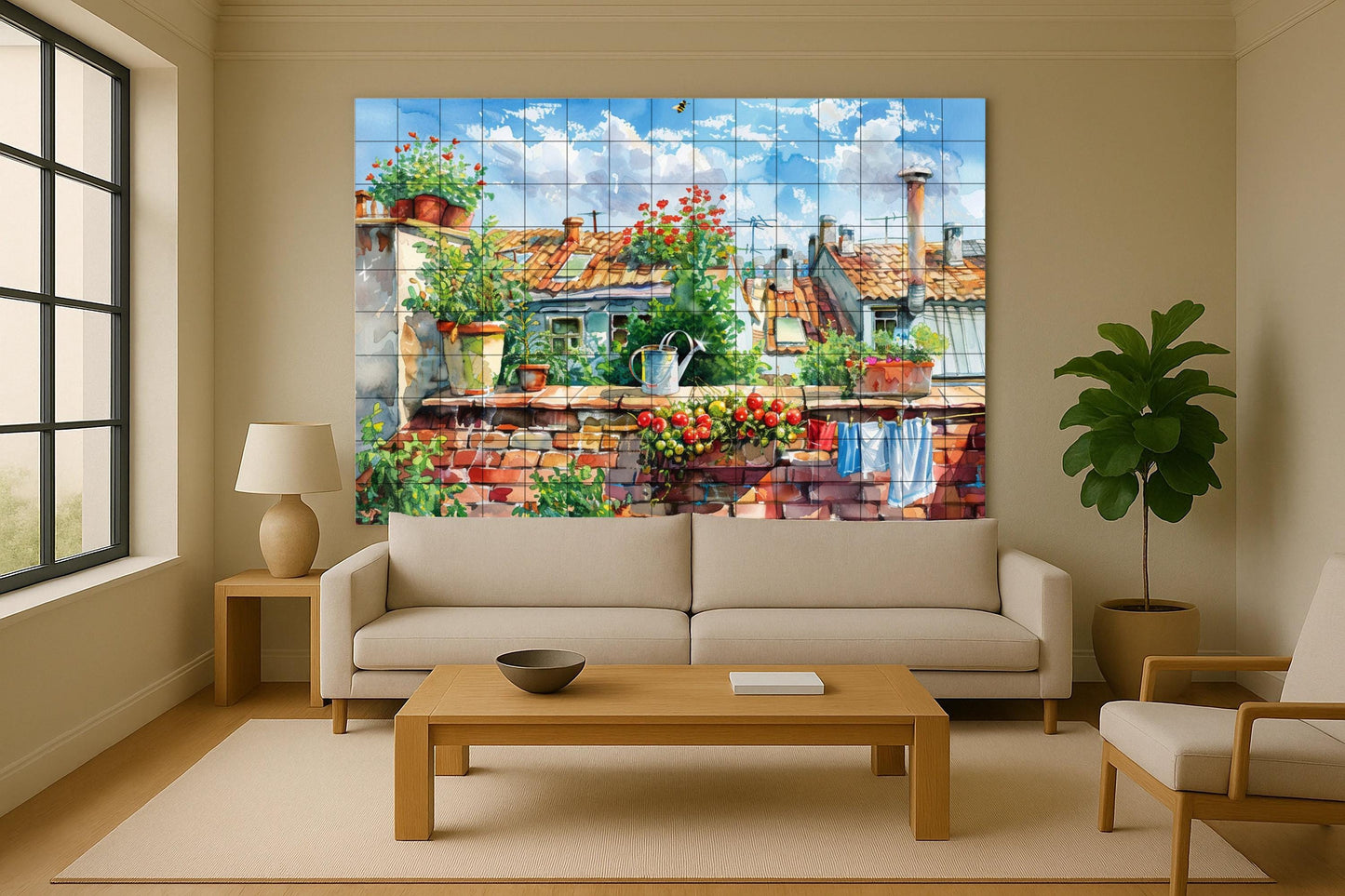 Mediterranean rooftop mural • Urban garden tile mural art • Sunny terrace decor • Tomato flower panel, Clay tile ceramic scene, Laundry room view