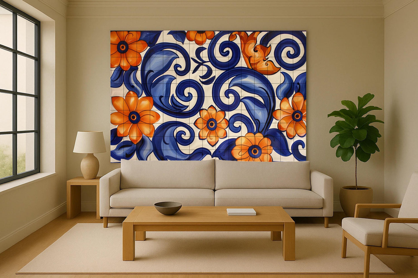 Mediterranean floral mural • Tile mural art with Iberian swirls • Terracotta blue decoration • Traditional ceramic panel • Classic floral scene with scrolls