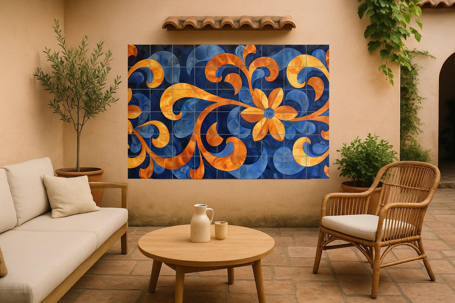 Floral mural • Ornamental tile wall art • Sapphire and amber decor • Modern swirling panel • Striking ceramic motif • Symmetrical flower scene