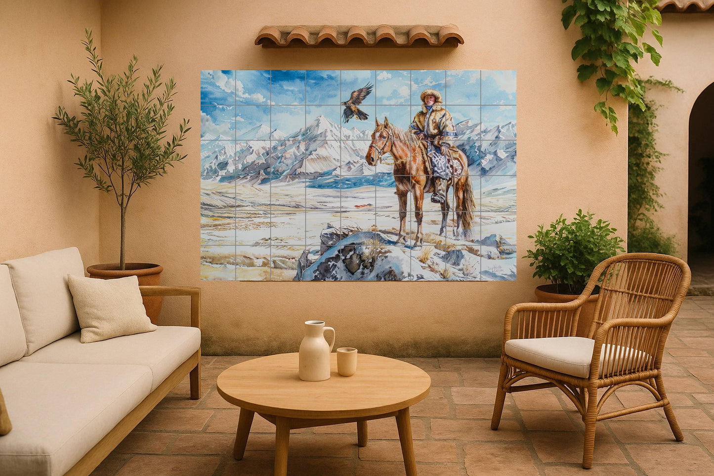 Nomadic Rider Mural • Mountain Steppe Tile Mural Art • Equestrian Border Decor • Snowy Landscape Panel • Mongolian Spirit Pottery
