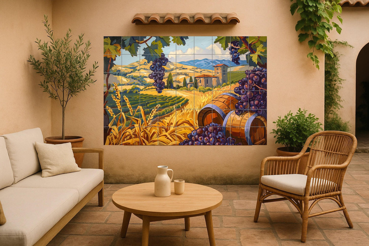 Wine region mural • Vineyard barrel wall tile • Grape valley decor • Mediterranean hillside panel • Winery kitchen art • Countryside wine fields