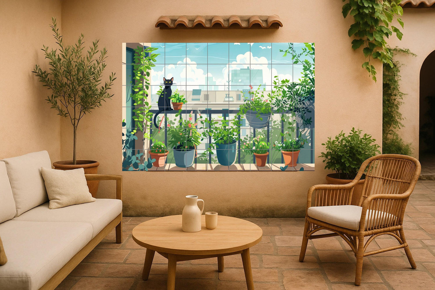 Cat mural for balcony • Urban garden tile wall art • Urban planter decor • Green corner panel • Tranquil ceramics for apartments • Indoor jungle charm