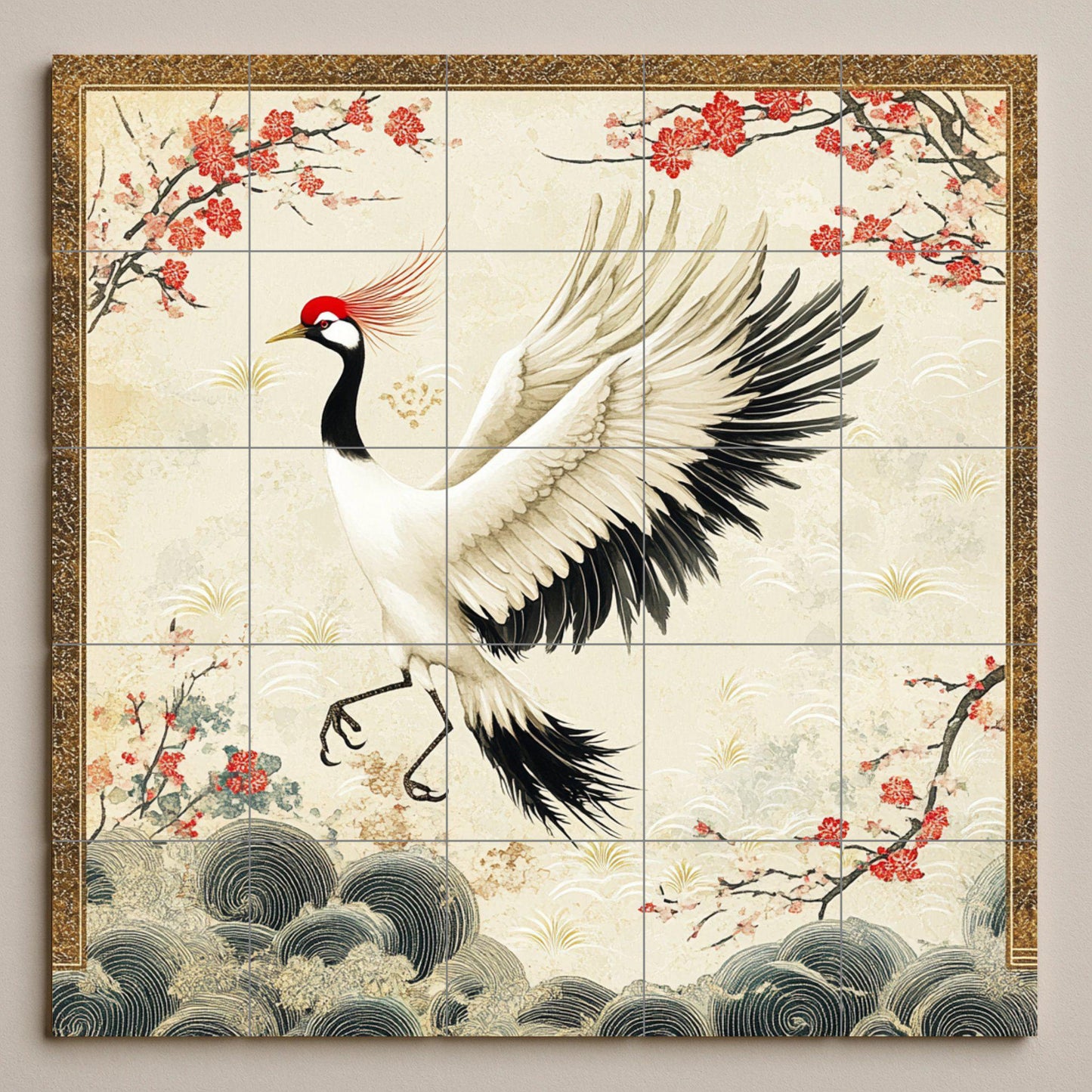 Japanese crane ceramic mural: red-crowned crane with cherry blossoms and golden clouds, an elegant oriental design that evokes peace and grace.