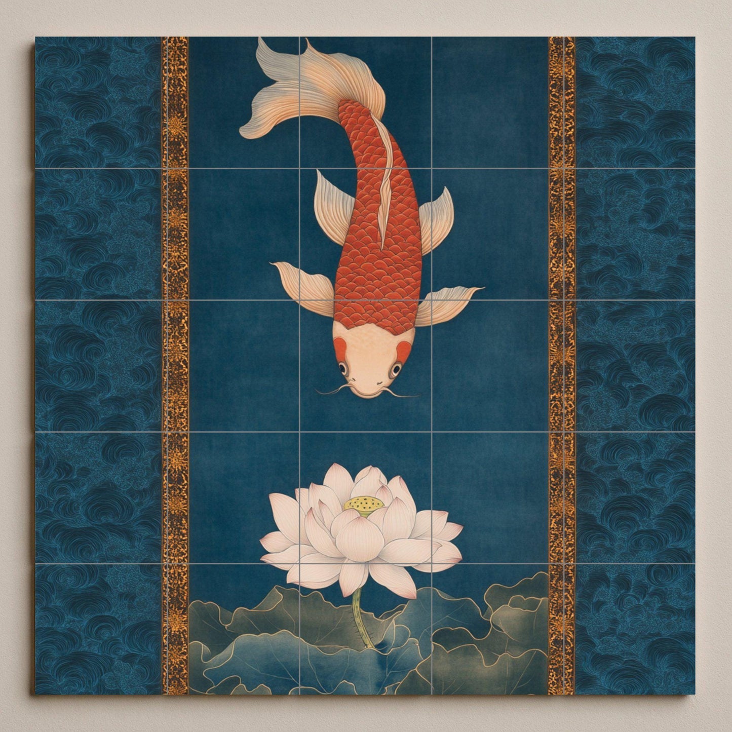 Ceramic mural of lotus and koi: red carp on a blooming white lotus, intense indigo waters with golden details, serenity of Asian inspiration.