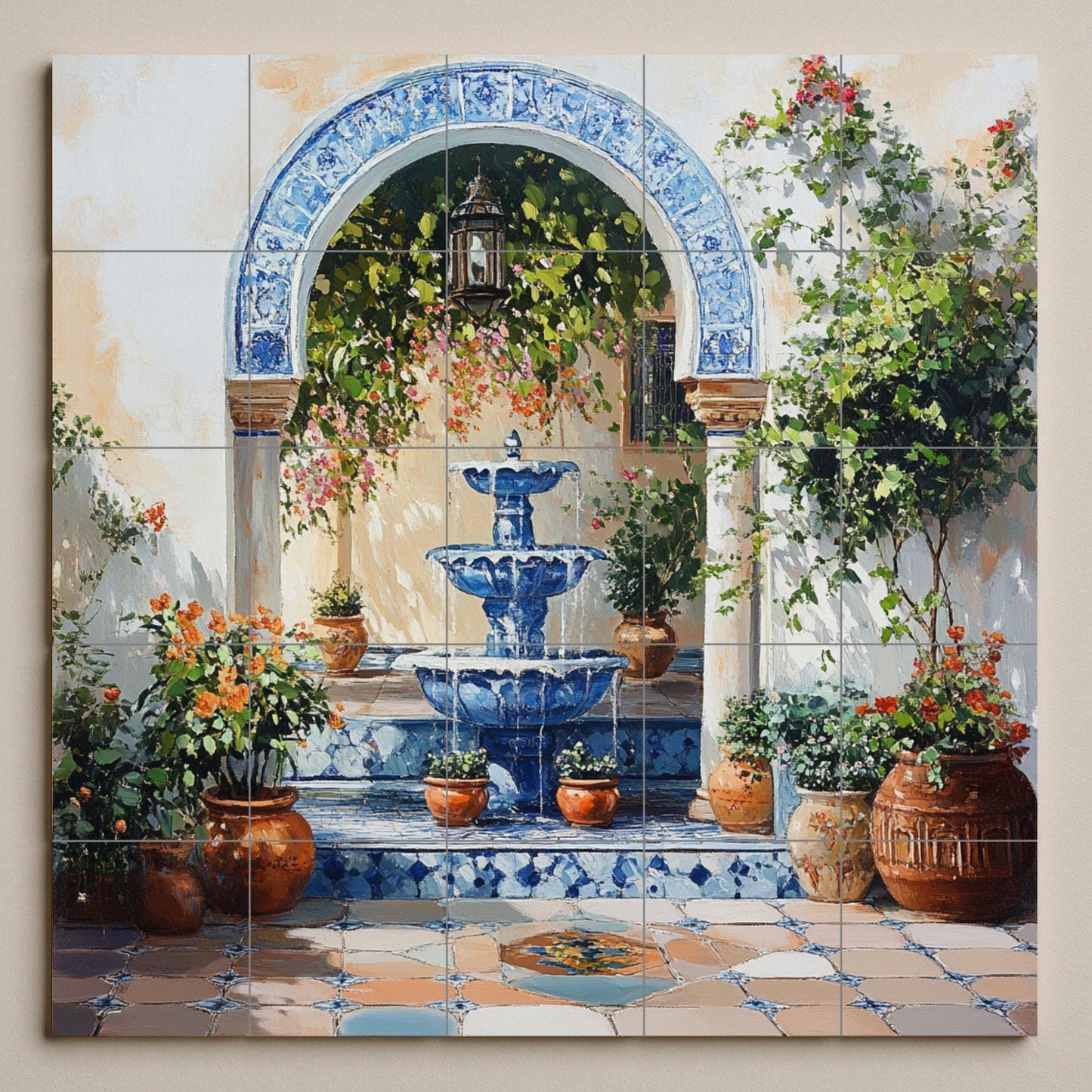 Fountain mural in a Mediterranean courtyard: blue ceramic arch with flowering vines and terracotta pots, Andalusian elegance