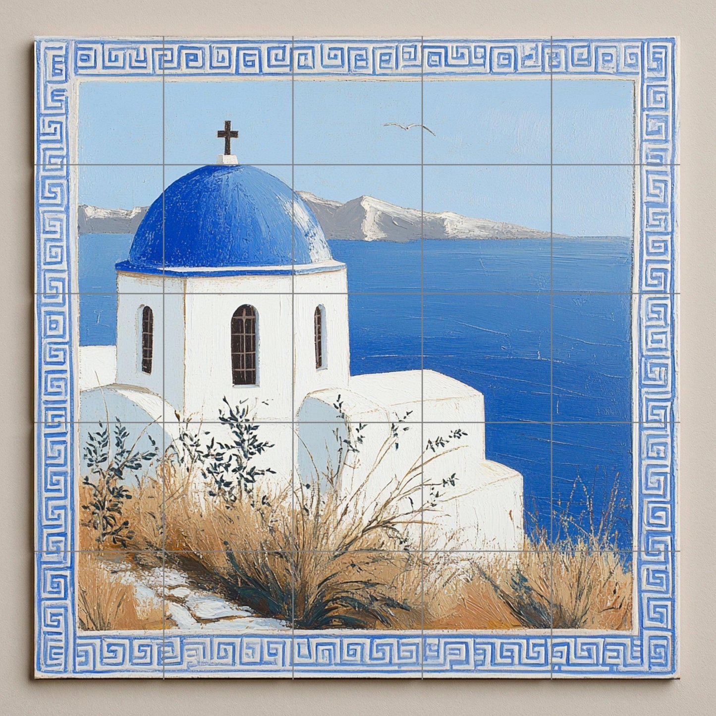 Ceramic mural Aegean Horizon: Blue dome and white walls above the sea, serenity on a Greek island with Mediterranean light.