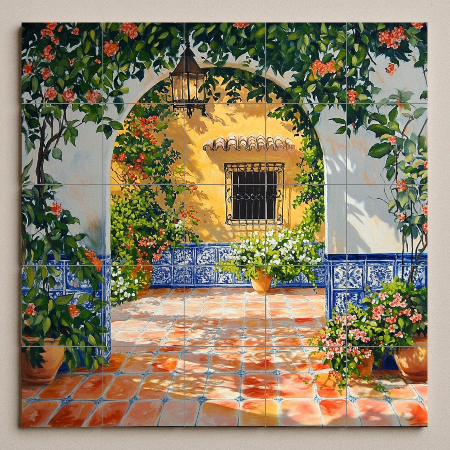 Ceramic mural with sunny patio and blue tiled arch: Mediterranean patio scene with flowers, lantern and terracotta floor.