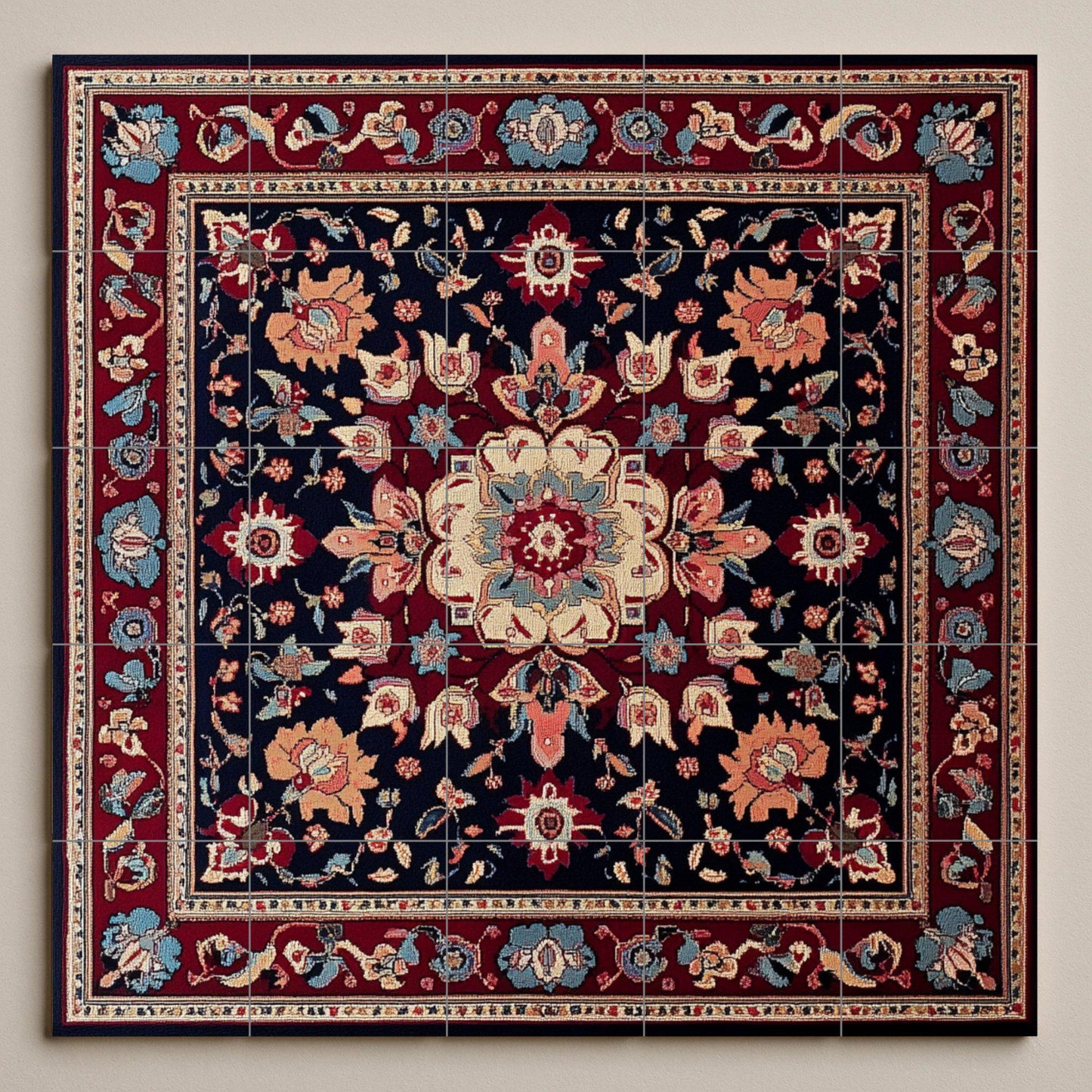 Lebanese ceramic mural from Beirut with a floral medallion and tiles in indigo and crimson tones. Decorative art of oriental inspiration.