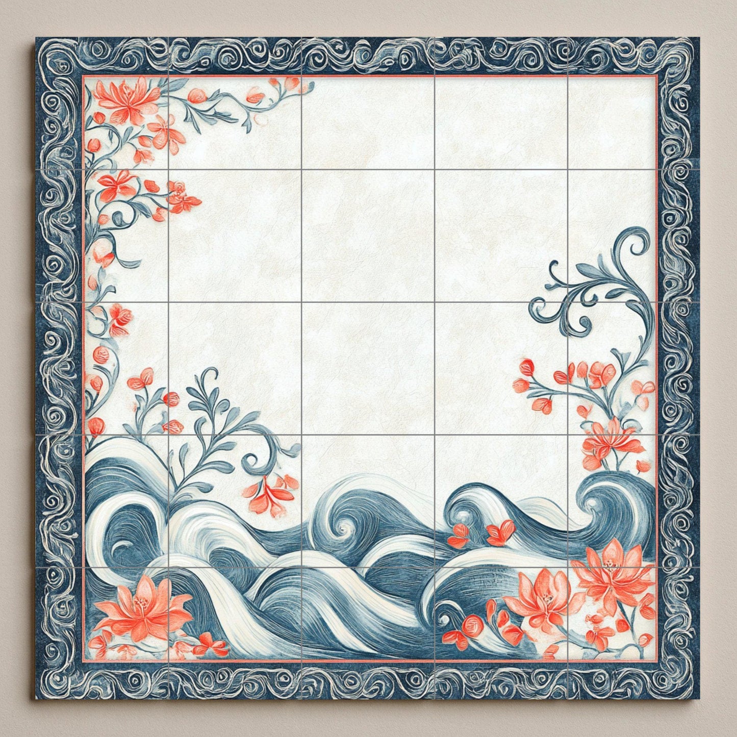 Ceramic mural with motifs of Bahraini pearls, coral flowers, sea waves, calligraphic borders and artisanal elegance.