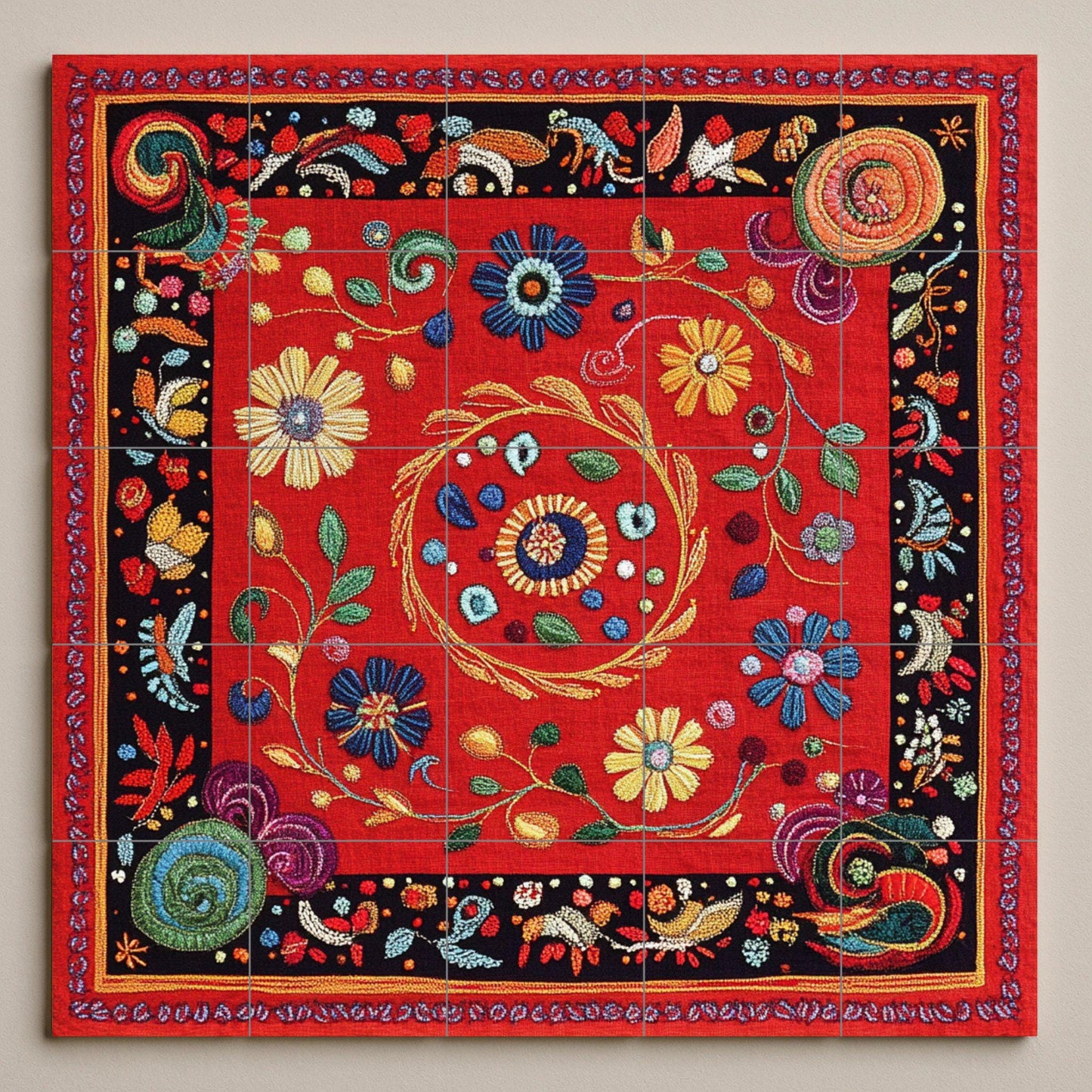 Ceramic mural: floral design inspired by the Nakshi Kantha of Bangladesh, red embroidered motifs with spirals and traditional stitch border.