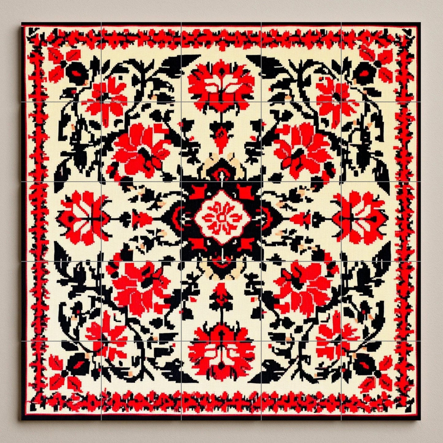 Bulgarian folk ceramic mural: symmetrical floral motifs in red and black with traditional geometric elegance, decorative tile wall art.