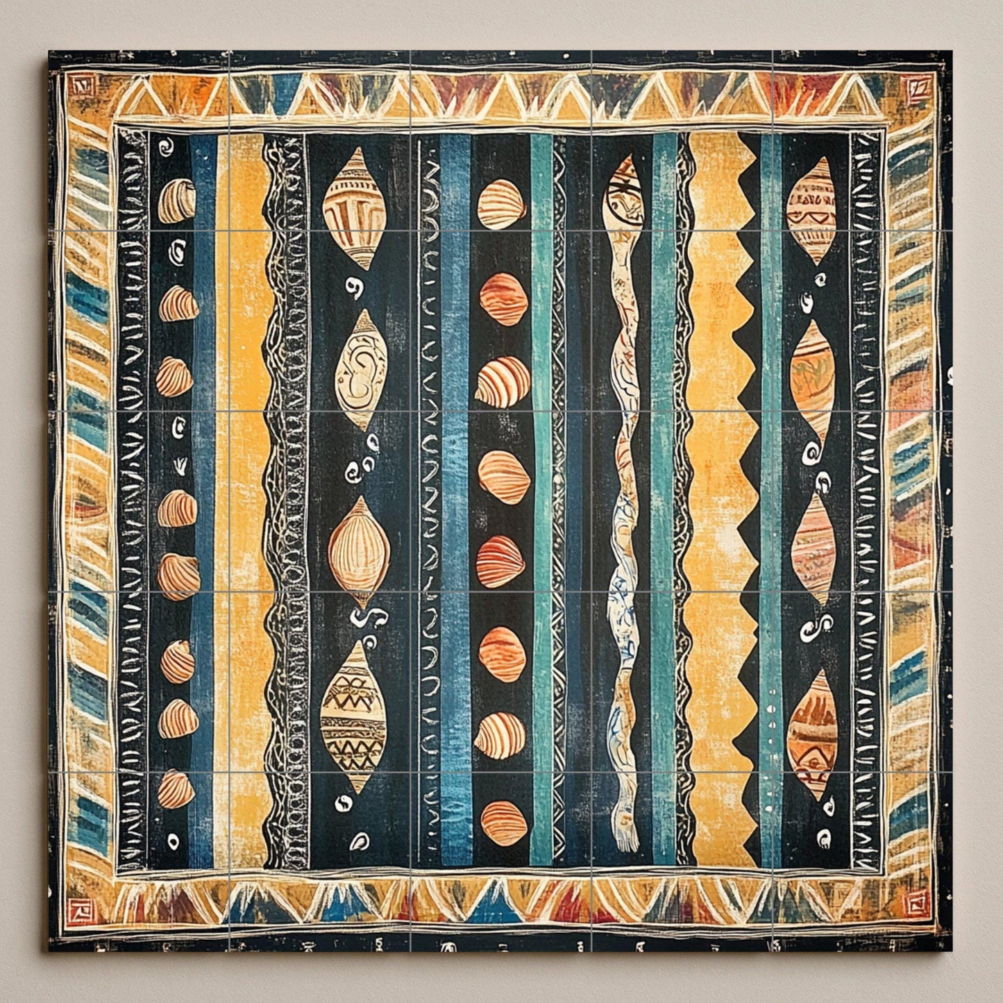 Cape Verde ceramic mural: Textile design inspired by the ocean with shell motifs, tribal wave border and decorative Atlantic tiles.