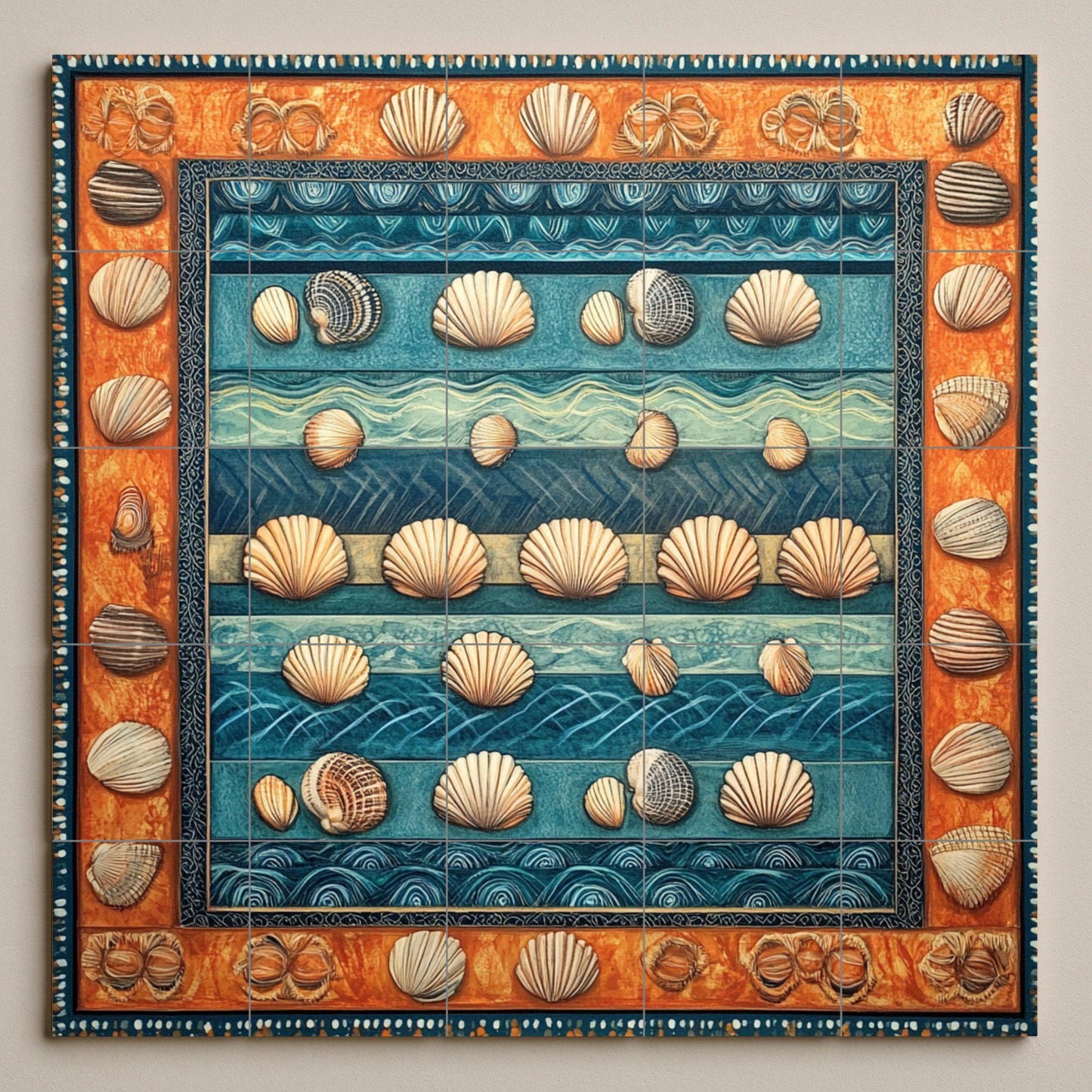Ceramic mural of seashells: artwork inspired by the coastal ocean with blue wave stripes, nautical shell motifs and a warm terracotta border.