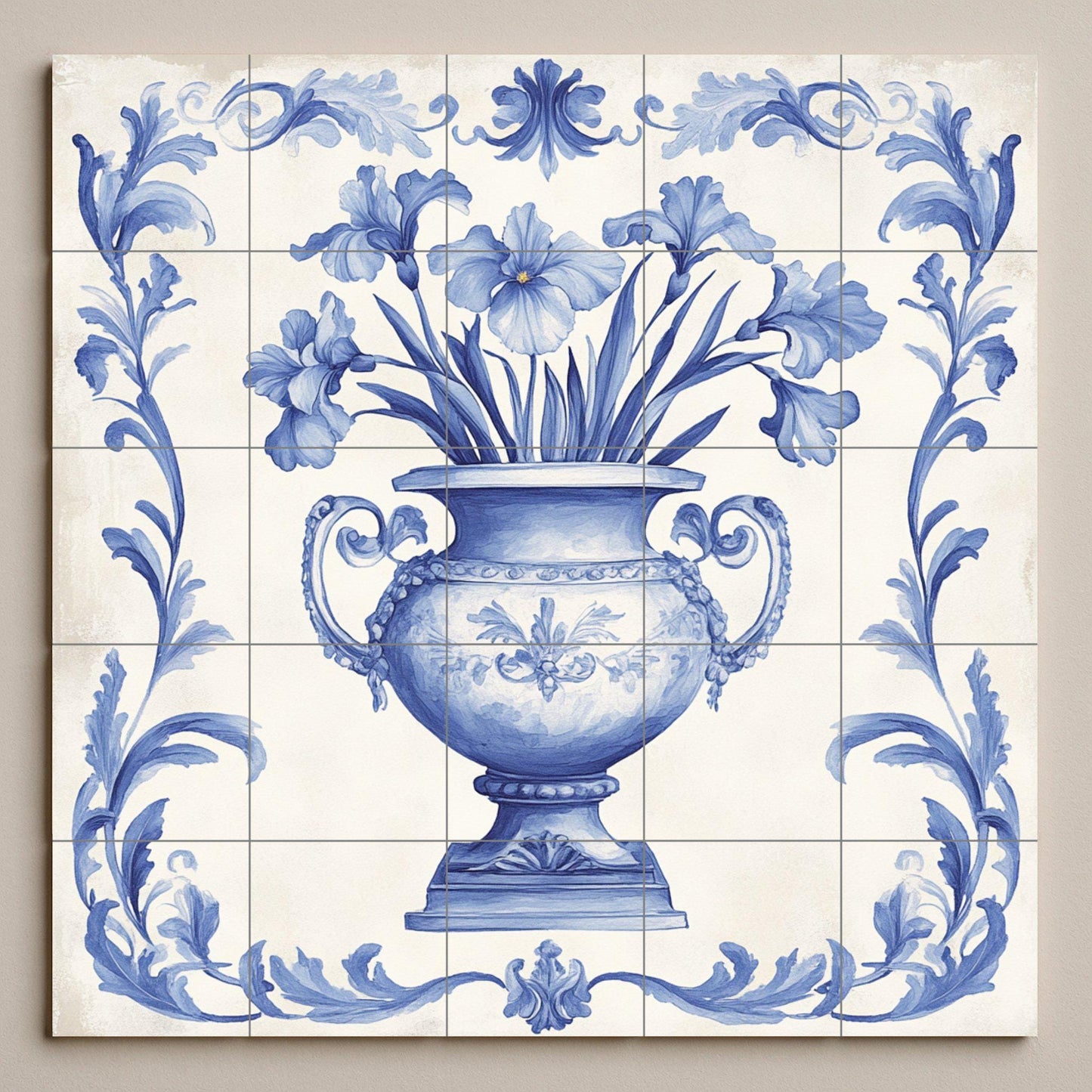 Delft Blue Ceramic Mural: Classic floral vase with ornamental scrolls, decorative artwork in indigo and white tile, timeless wall art.
