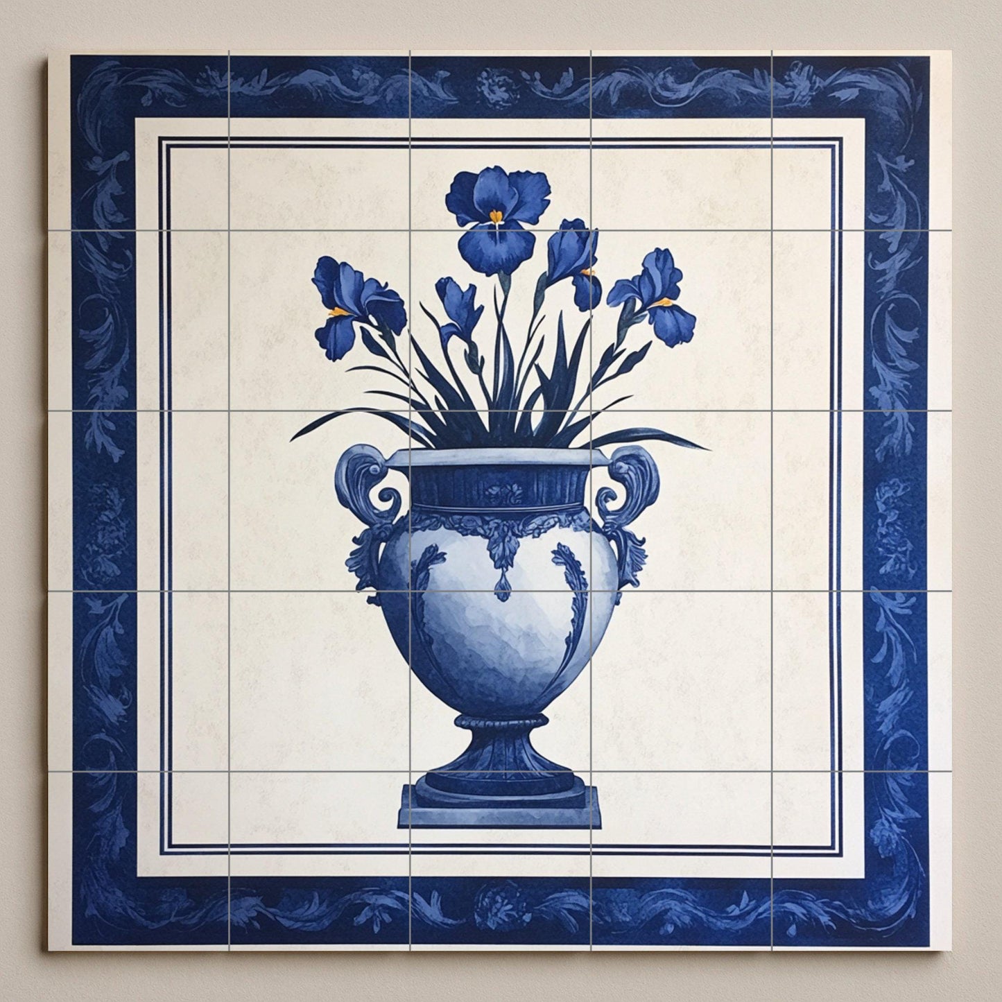 Blue Iris ceramic mural: Delft style vase with elegant bouquet of flowers, decorative tile artwork in classic indigo wall art.