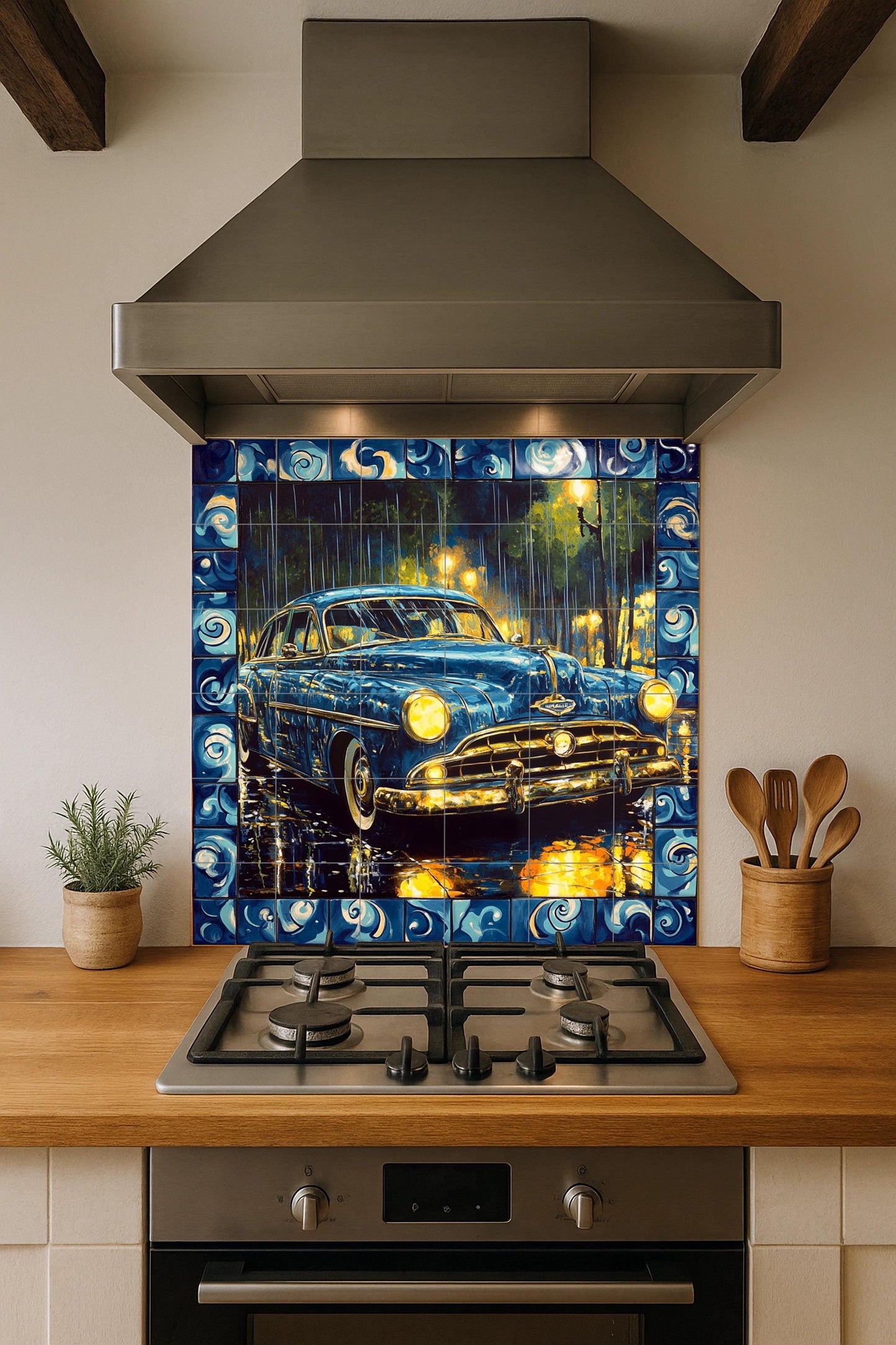 Classic car ceramic mural: vintage blue car on a rainy night with decorative border, retro artwork.
