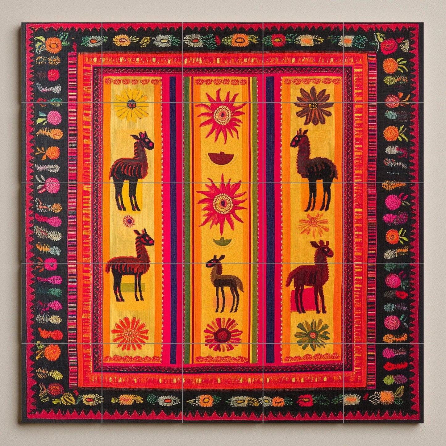 Ceramic mural of llamas and vibrant sun: Andean-inspired mural art in vibrant shades of red, orange, and gold.