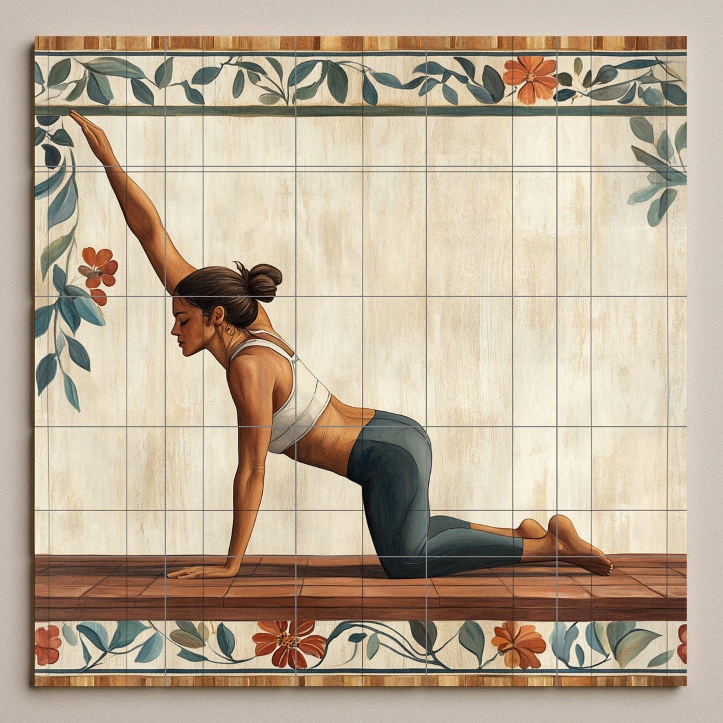 Ceramic yoga mural: tile art for serene well-being featuring a woman in an asana pose. Wall panel for a mindful lifestyle and tranquil environment.
