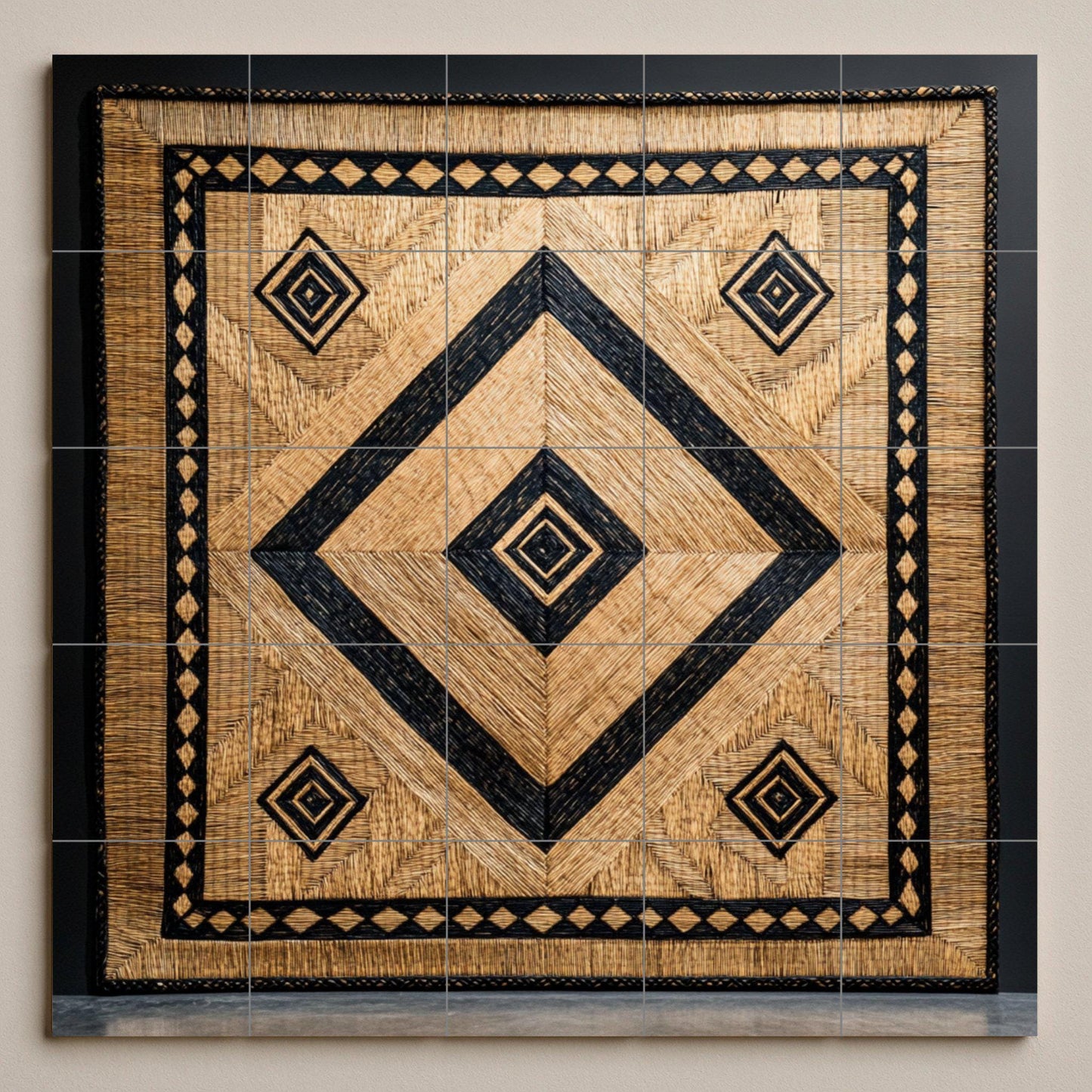 Balinese tropical ceramic mural: diamond pattern woven in natural palm with black details. Island-inspired wall art for luxury interiors.
