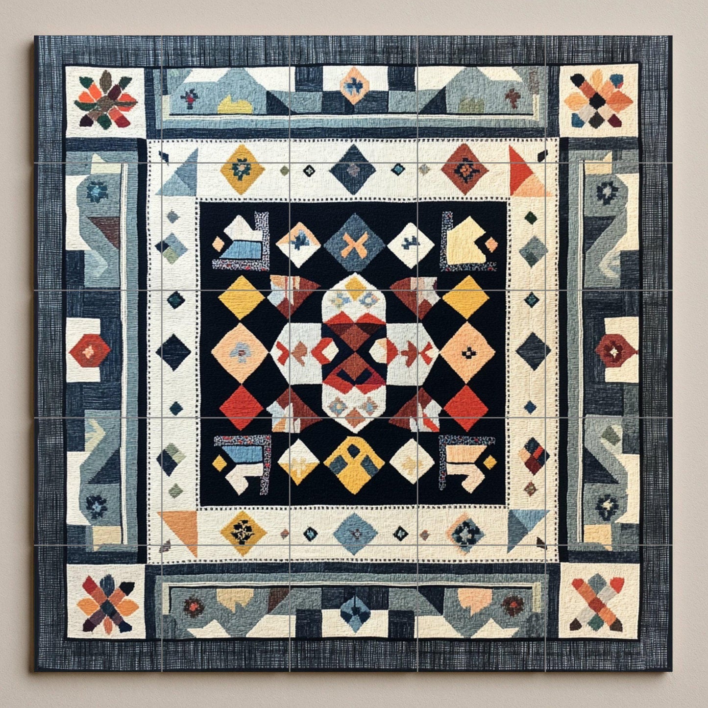 Finnish ceramic mural Ryijy: Scandinavian folk textile art in Nordic colors, inspired by the design of Helsinki, Turku and Tampere.