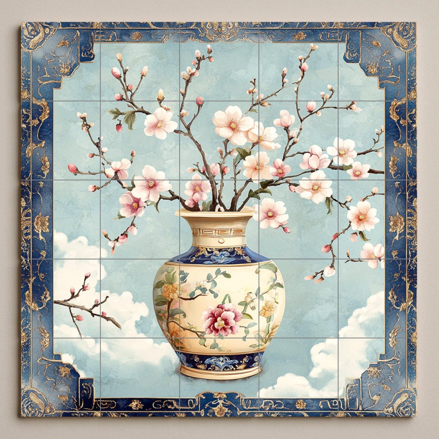 Luxury ceramic mural with porcelain flowers: elegant blue and gold vase, a sophisticated oriental tile panel for refined interiors.