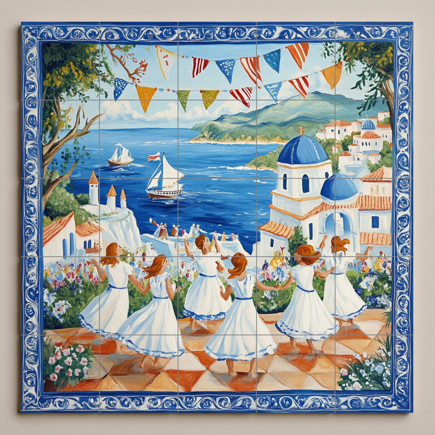 Ceramic mural of the Mediterranean Festival: Celebration in a coastal village with dancing women, blue domes and sailboats, handcrafted tile wall.